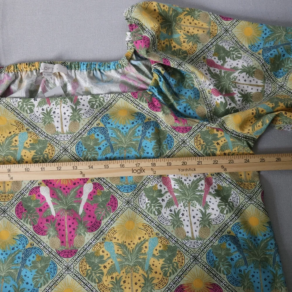 LOFT XL Puff Sleeve Square Neck Top Tropical Print Multicolor Boho Blouse Cotton